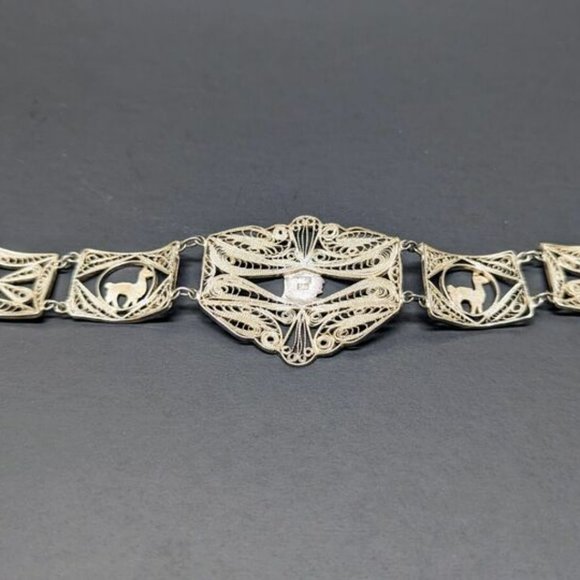 Vintage Silver Filigree Egyptian Llama Story Teller Panel Link 900 Bracelet Cuff - Picture 2 of 9